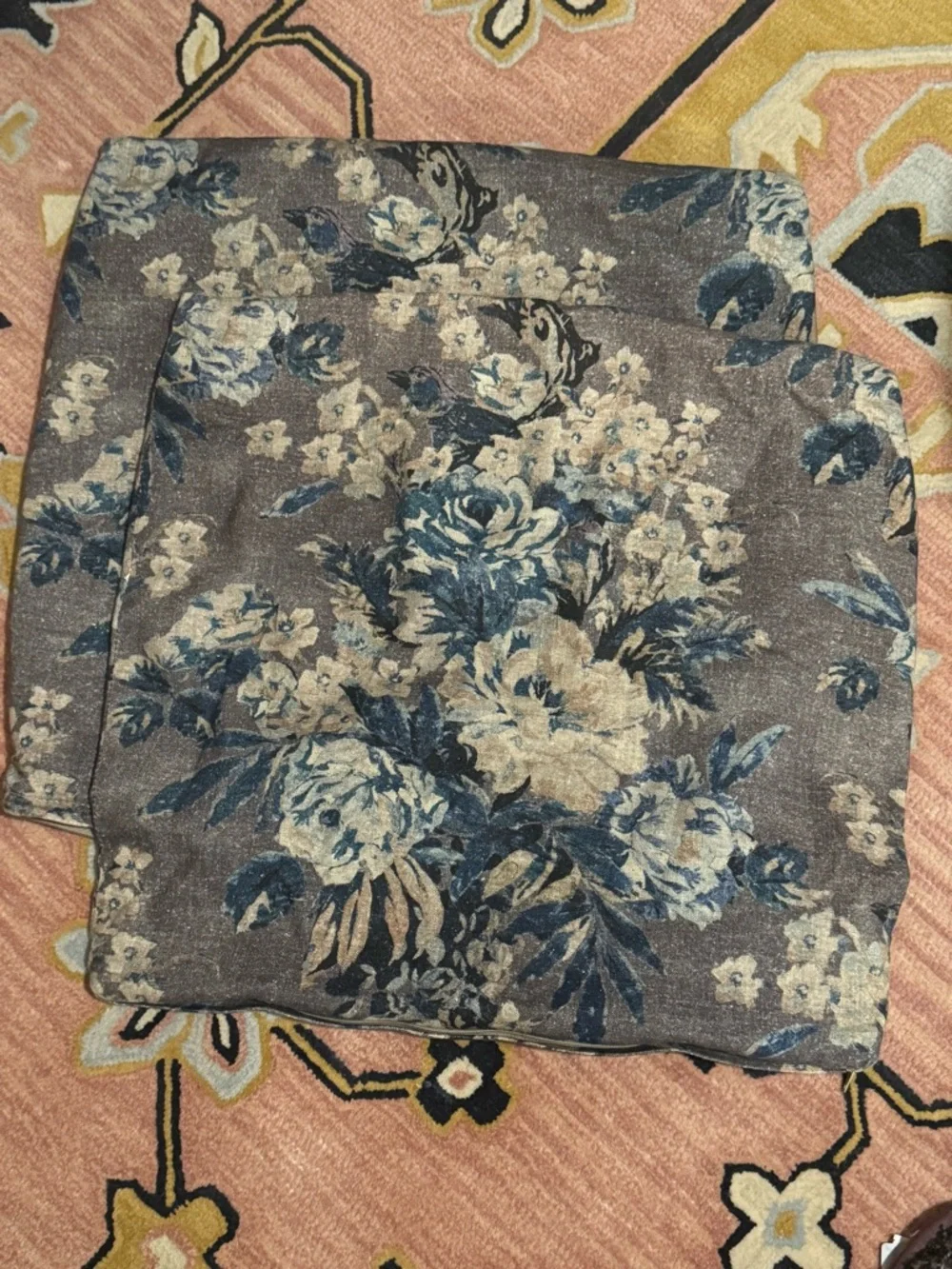 2/ Navy Blue and Brown Floral Linen blend Pillow Covers 20”